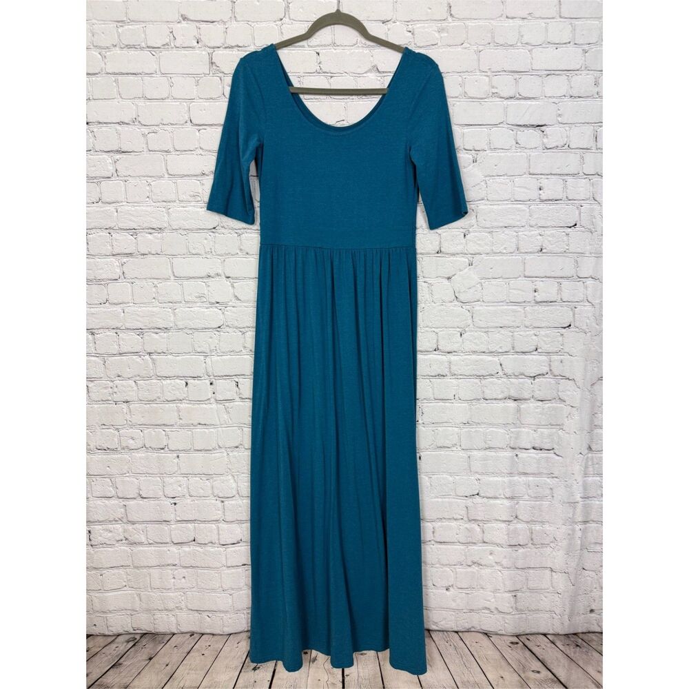 Garnet Hill Elbow Sleeve Scoop Neck Knit Maxi Dress Women Size S Teal Blue